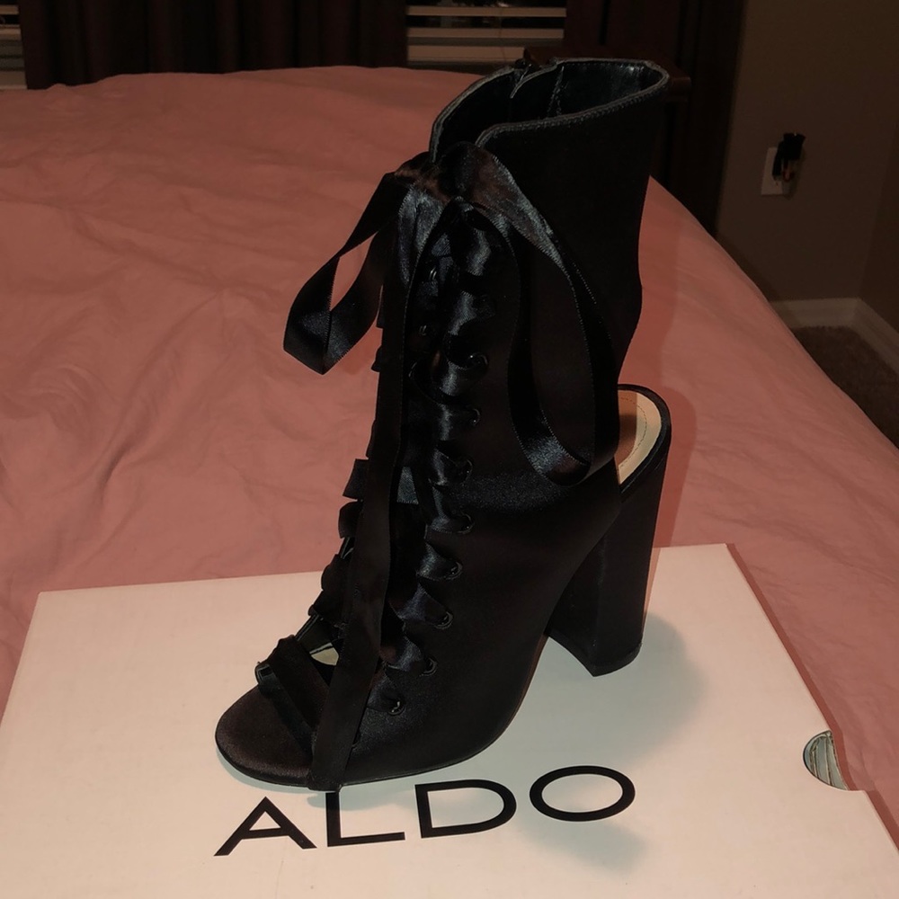 Aldo black satin lace up booties